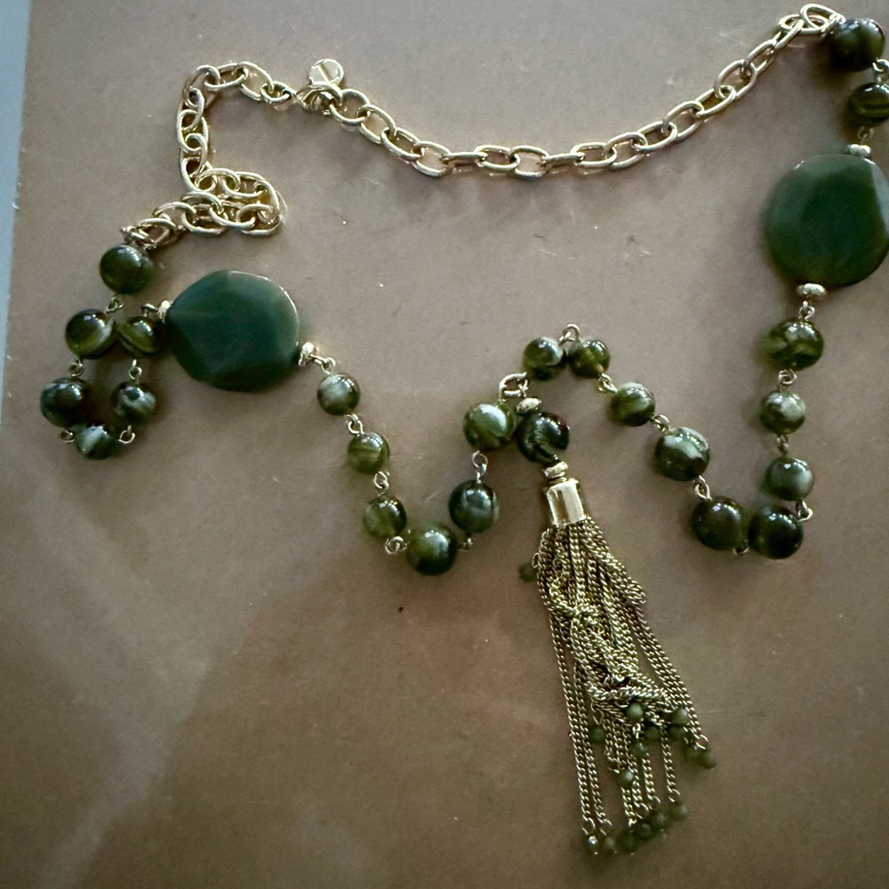 Trifari Marked Elegant Gold and Green Beaded Necklace